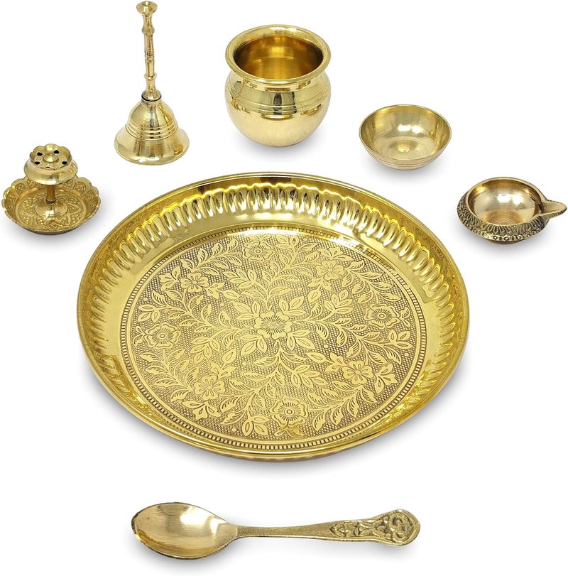 Nobility Brass Pooja Thali Set with Blue Gift Box 6 Inch Pital Plate Kalash Spoon Chandan Wati Dhup Dan Kuber Diya Ghanti Puja Arti Thali for Diwali Home Office Mandir Wedding Return Gifts - Image 2