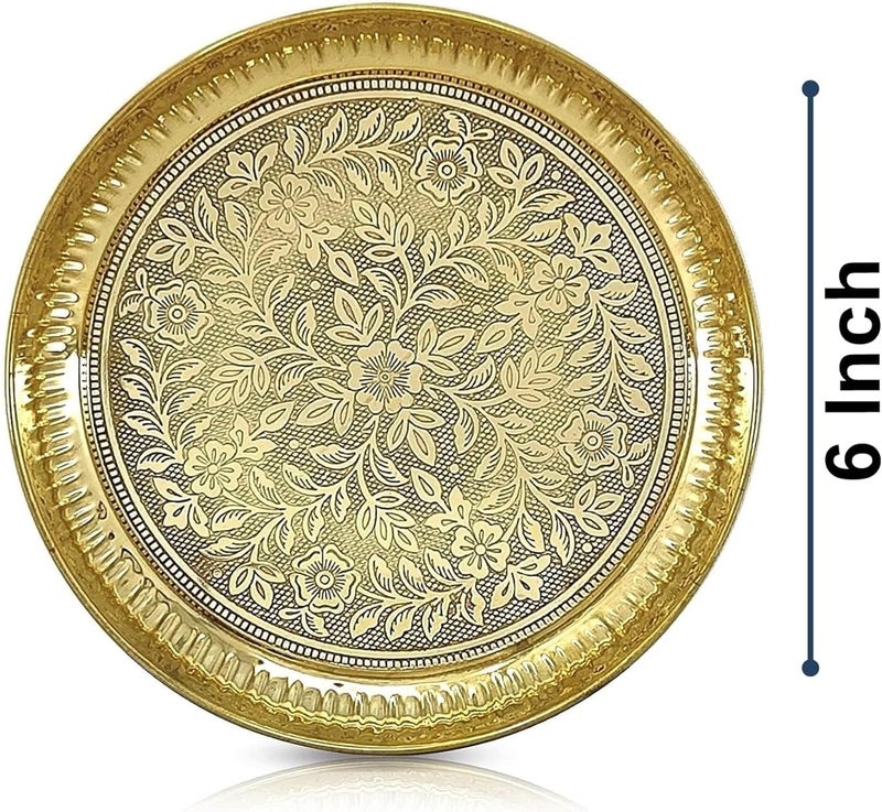 Nobility Brass Pooja Thali Set with Blue Gift Box 6 Inch Pital Plate Kalash Spoon Chandan Wati Dhup Dan Kuber Diya Ghanti Puja Arti Thali for Diwali Home Office Mandir Wedding Return Gifts - Image 3