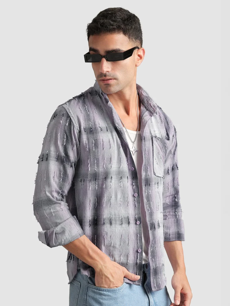 Beyoung Lilac Frayed Check Shirt
