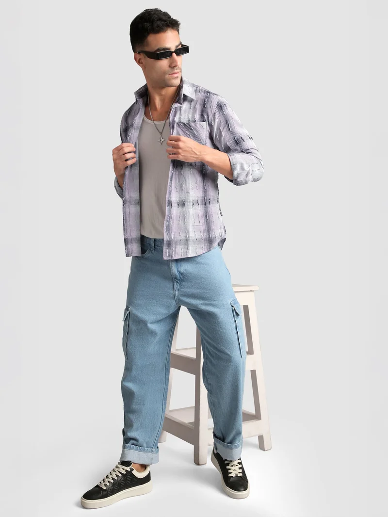 Beyoung Lilac Frayed Check Shirt