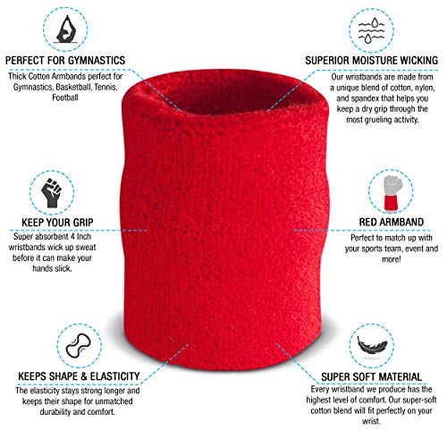 Suddora Arm Sweatbands, Absorbent and Breathable Thick Cotton Bands for Working Out, Gymnastics, Basketball, Tennis, and Football, Multiuse 4-inch Wristbands for Costumes and Cosplay, Red - Image 2