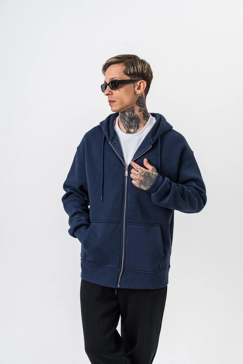 ريسباير هودي رجالي أساسي واسع (Oversize) بسحاب (Zip) بغطاء رأس بتفاصيل نص "Respire" لون كحلي