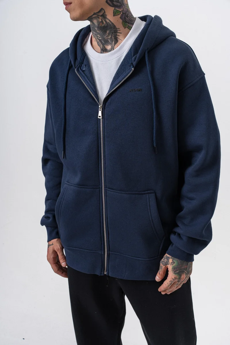 RESPIRE Men's Respire Letter Detail Basic Zip Hooded Oversize Hoodie Navy Blue
