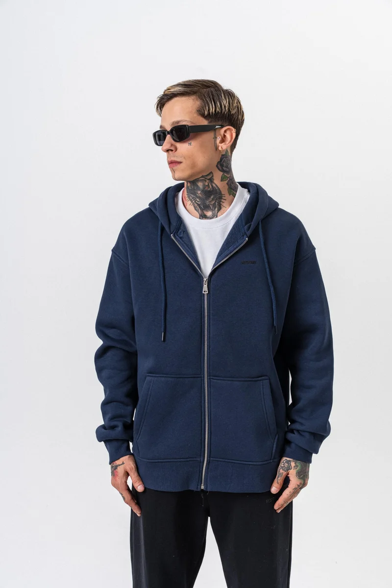 RESPIRE Men's Respire Letter Detail Basic Zip Hooded Oversize Hoodie Navy Blue