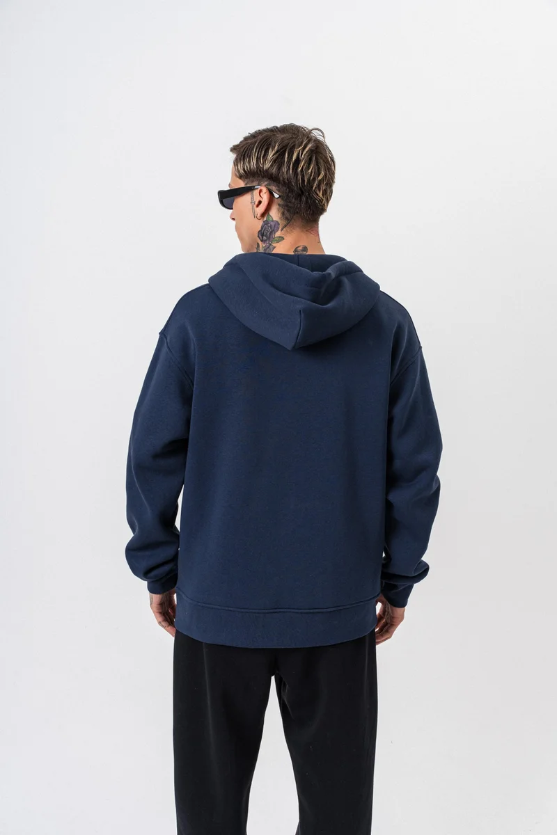 RESPIRE Men's Respire Letter Detail Basic Zip Hooded Oversize Hoodie Navy Blue