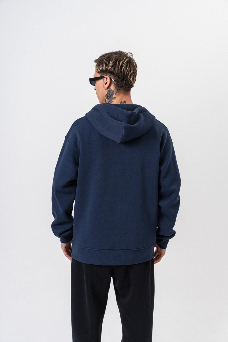 ريسباير هودي رجالي أساسي واسع (Oversize) بسحاب (Zip) بغطاء رأس بتفاصيل نص "Respire" لون كحلي - Image 3