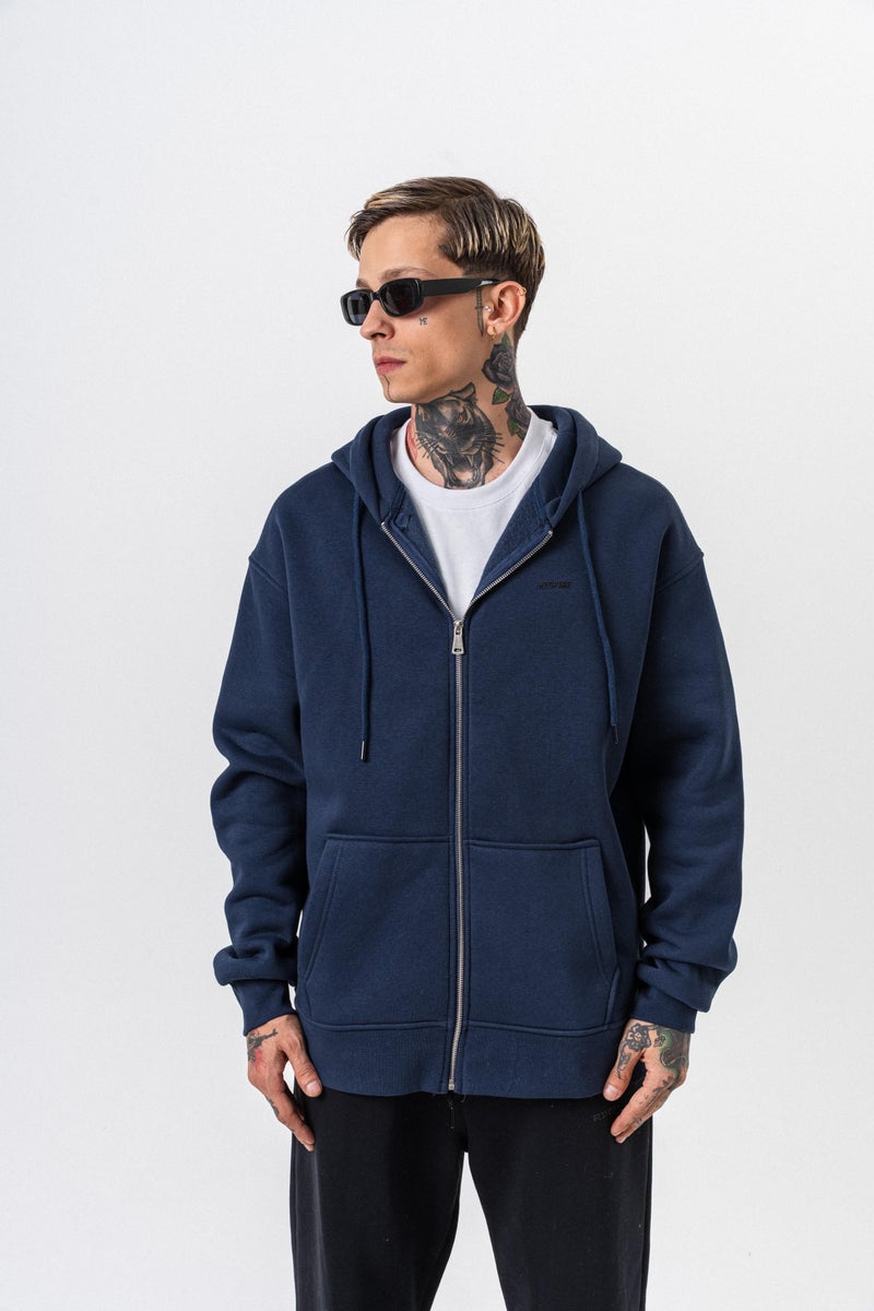 ريسباير هودي رجالي أساسي واسع (Oversize) بسحاب (Zip) بغطاء رأس بتفاصيل نص "Respire" لون كحلي - Image 4