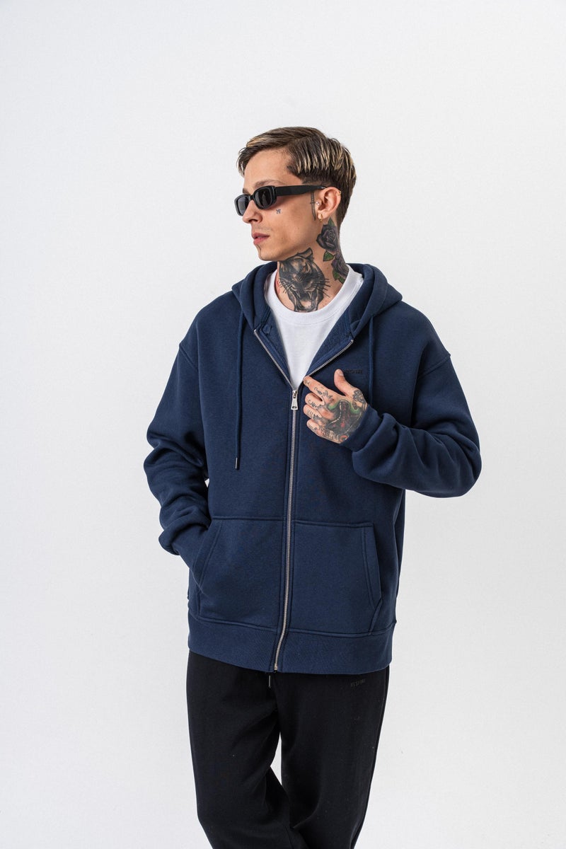 ريسباير هودي رجالي أساسي واسع (Oversize) بسحاب (Zip) بغطاء رأس بتفاصيل نص "Respire" لون كحلي - Image 1