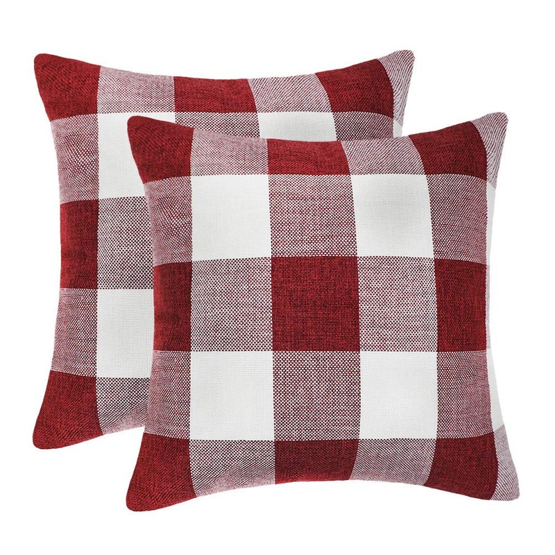 4TH Emotion Set of 2 Farmhouse Buffalo Check Plaid Throw Pillow Covers Cushion Case Polyester Linen for Christmas Home Decor Red and White, 18 x 18 Inches - Image 1