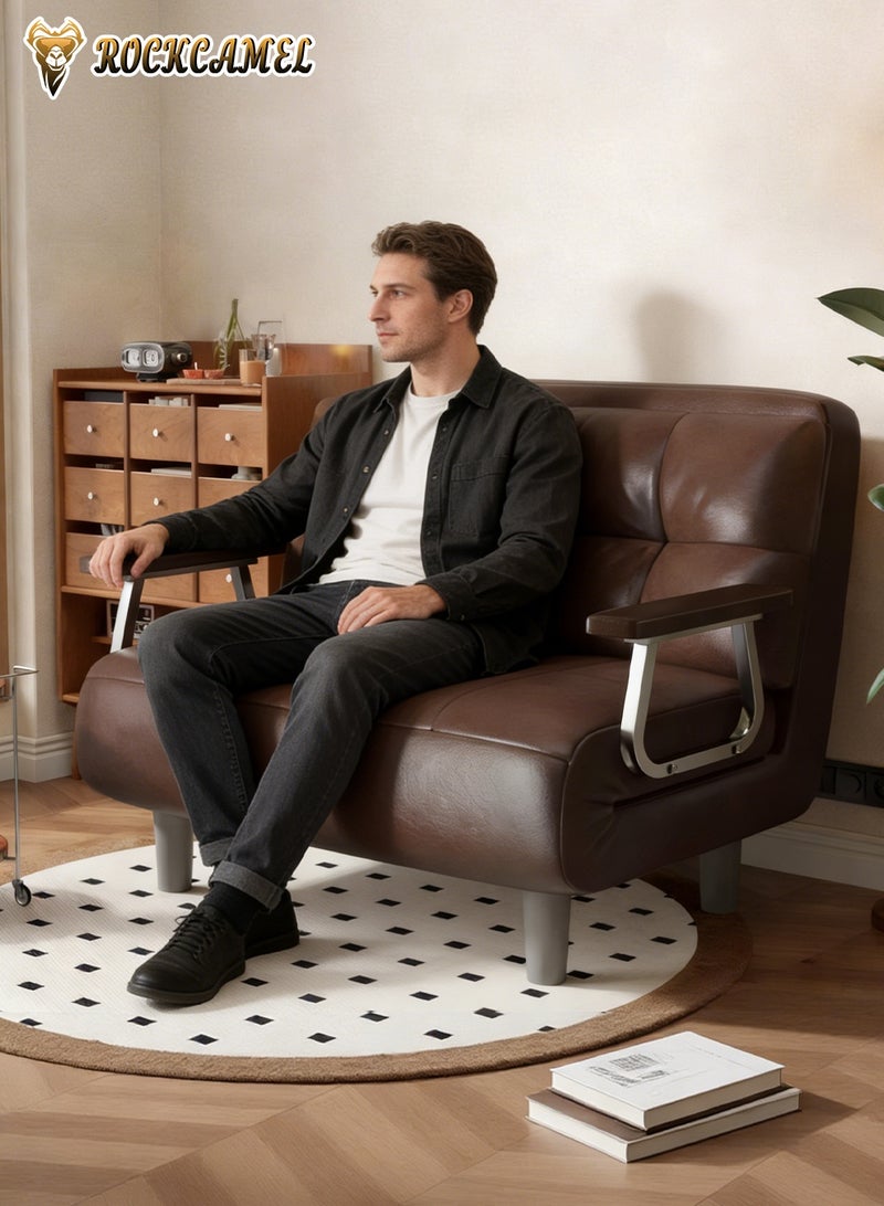 ROCKCAMEL 3-in-1 Waxed Oil Leather Sofa with Adjustable Positions, 75cm Wide, Converts to Sofa Bed & Leisure Lounger, Reinforced Stable Frame, Detachable & Machine Washable Cover, Multi-Functional Premium Leather Seating Ideal for Home & Office Use, Brown - Image 4