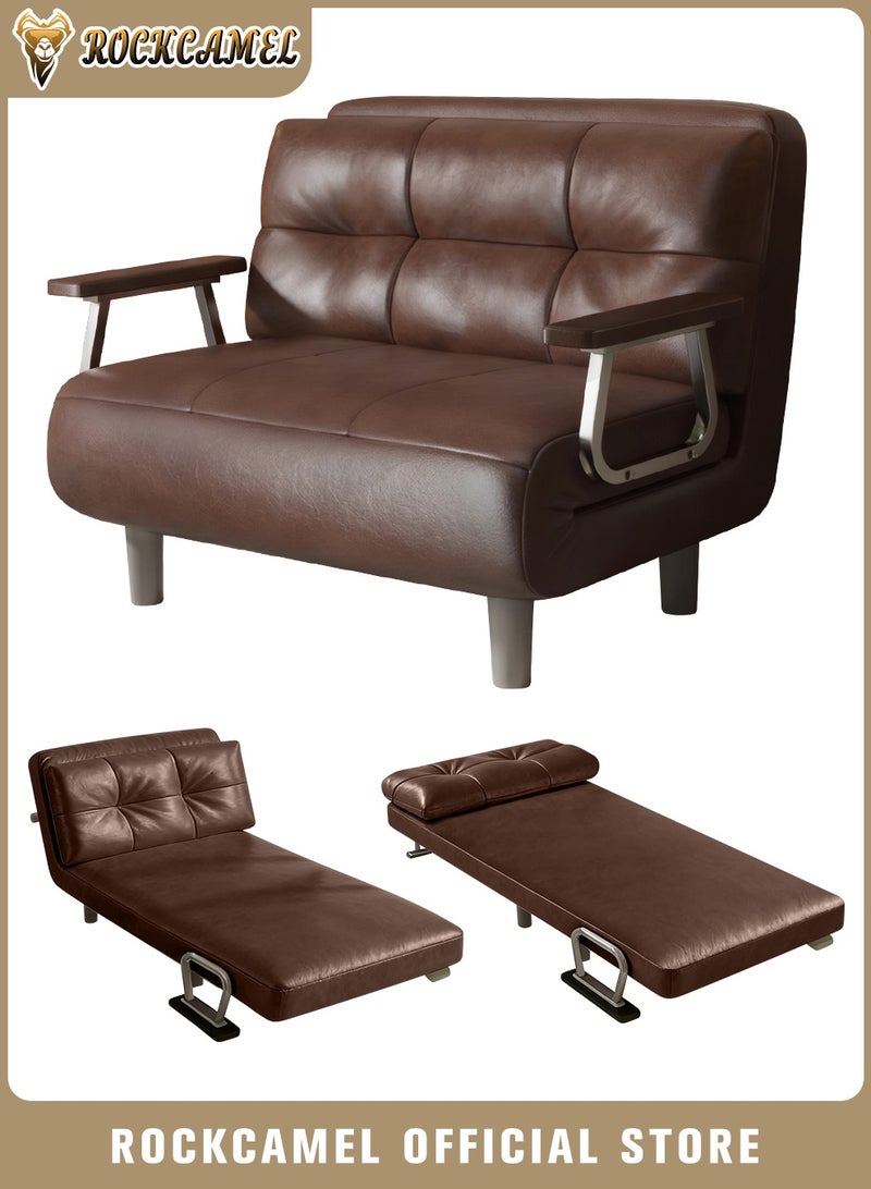 ROCKCAMEL 3-in-1 Waxed Oil Leather Sofa with Adjustable Positions, 75cm Wide, Converts to Sofa Bed & Leisure Lounger, Reinforced Stable Frame, Detachable & Machine Washable Cover, Multi-Functional Premium Leather Seating Ideal for Home & Office Use, Brown - Image 1