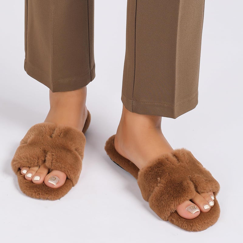 Stratuxx Kaze Womens Fur Slippers Comfy House Slides Sandals Open Toe Memory Foam Indoor Fluffy Slippers for Women Birthday Gift for Mom - Image 2