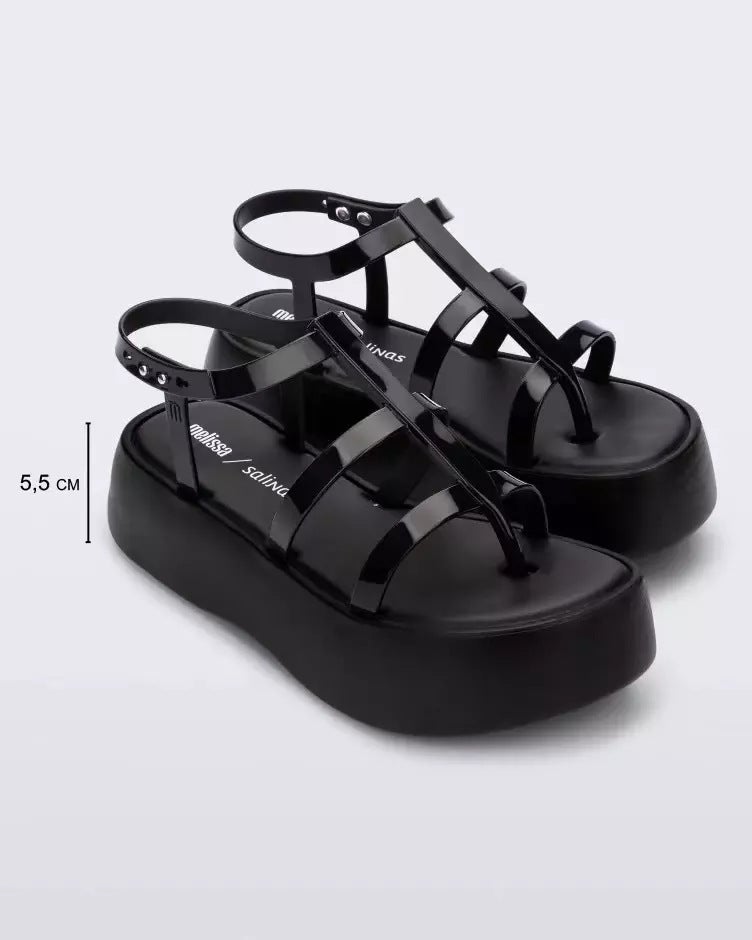 2025 Spring New Melissa Womens Sandals Fashion Thick Heeled Flat Hollow Casual Roman Sandals Black 