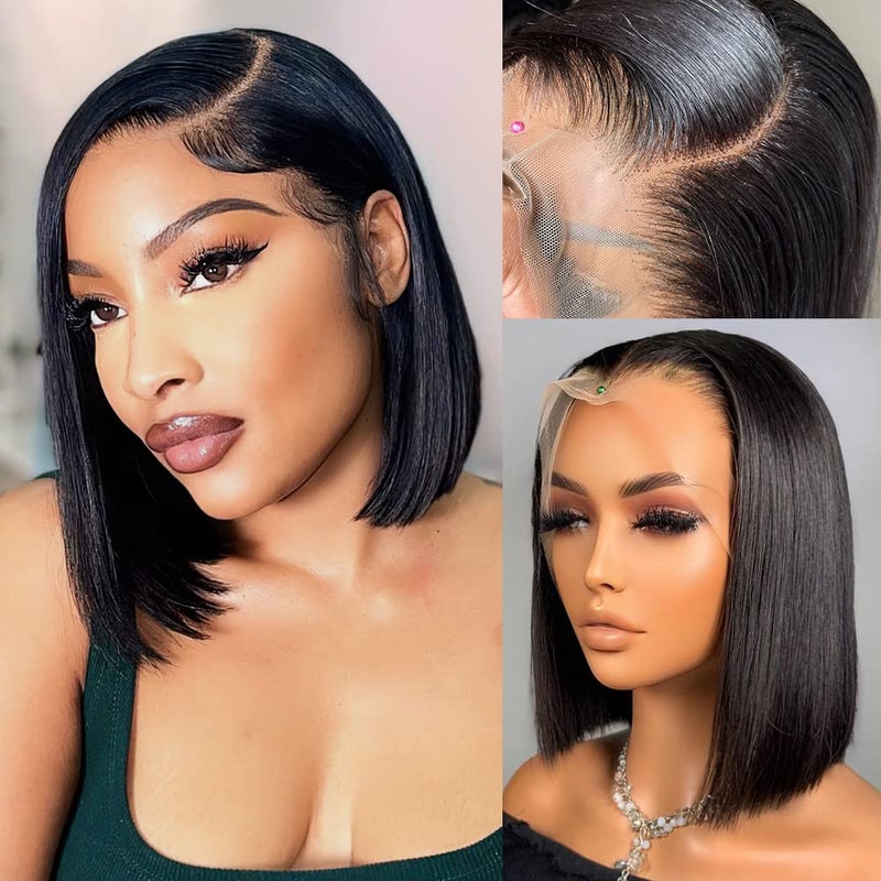 Flady 10 inch Bob Wig Human Hair 13x4 Frontal Lace Wig Straight HD Lace Front Wigs Human Hair Pre Plucked With Baby Hair Glueless Short Bob Wigs for Women 150 Density Natural Color