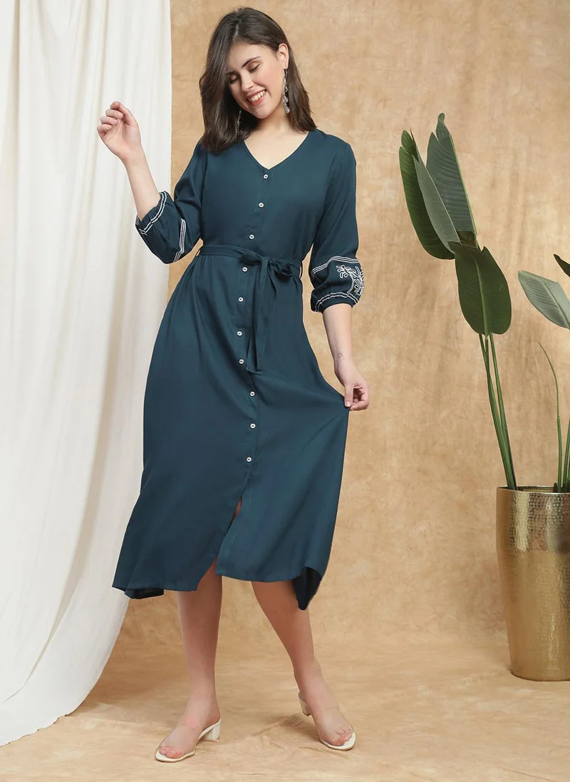 globus Globus Women Navy Blue V-Neck Bishop Sleeves Embroidered Detail Waist Tie-Ups Button-Down A-Line Midi Fusion Dress