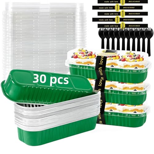Orlashop 30 Pack 6.8oz Christmas Green Disposable Rectangular Aluminum Foil Mini Loaf Pans with Lids,Mini Cake Pans for Baking, Loaf Baking Pans, Small Containerfor for Patrick’s Day Party - Image 1