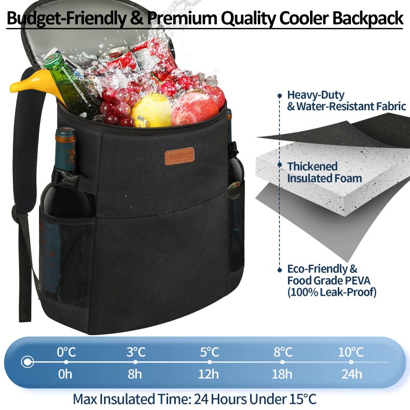 Vankor Camping 30 Cans, Soft Backpack Coolers Insulated Leak Proof Travel Waterproof Lunch Picnic Beach Work Trip Drink Beverage Beer Thermal Bag Black - Image 4