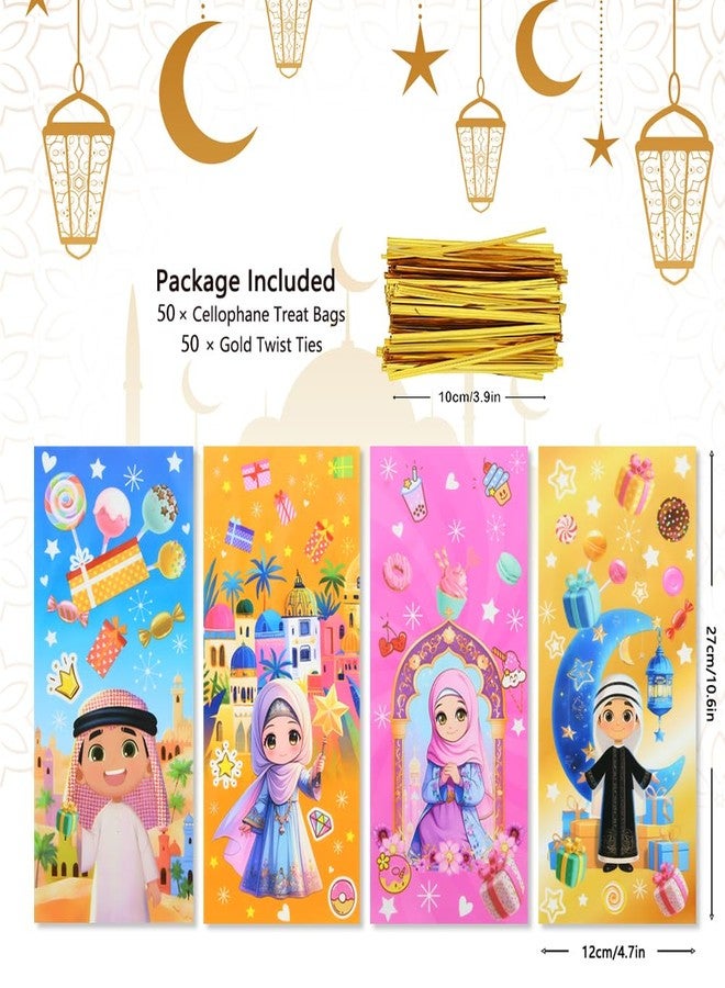 Boerni Eid Mubarak Cellophane Treat, Lovely Muslim Ramadan Decorations Cartoon Print Goodie Bags Candy Cellophane Goody Favor Gift Bags for Kids Boys Girls, Muslim Islamic Eid Iftar Diwali Party Supplies - Image 2
