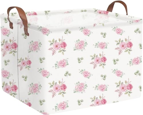 FXOCSHE Rectangular Rose Pink Flower Basket for GirlsWaterproof collapsible laundry basket for girlsKids Storage BasketsBooks BoxGift BasketsBaby Room DecorPink Flowers - Image 1