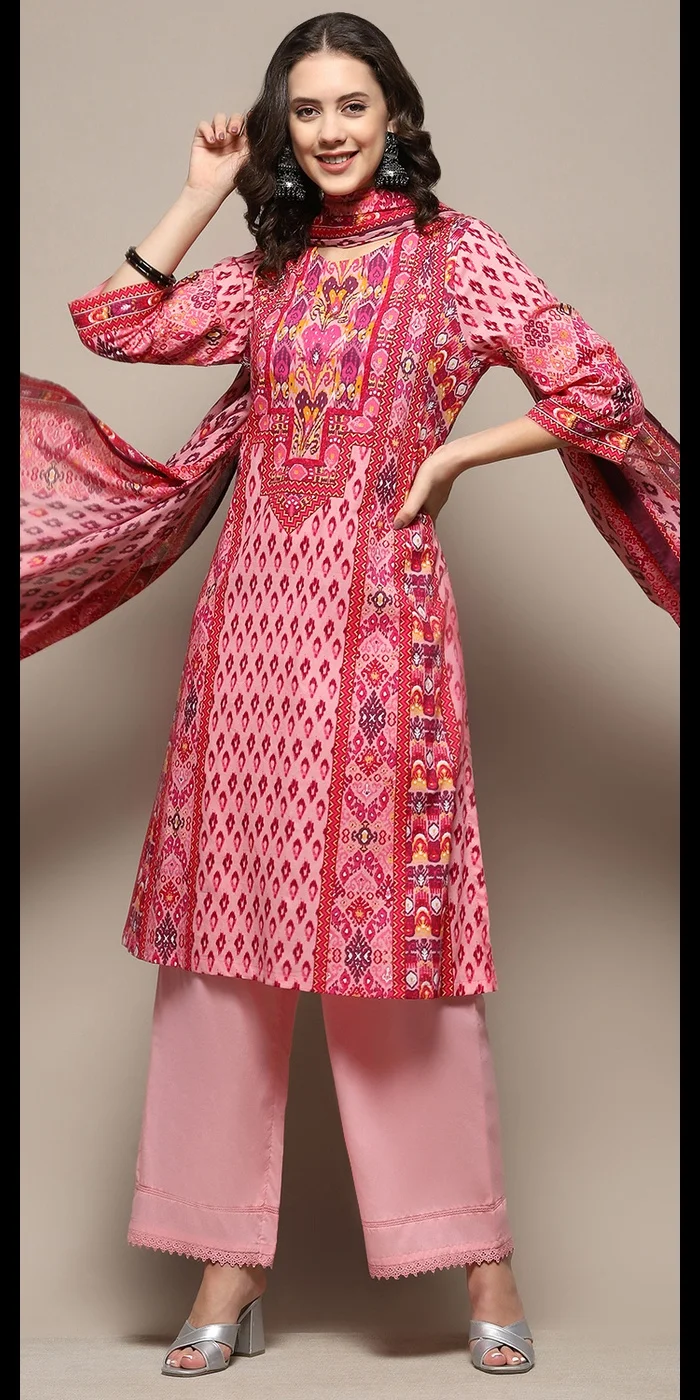 Biba Pink Cotton Printed Straight Suit Set