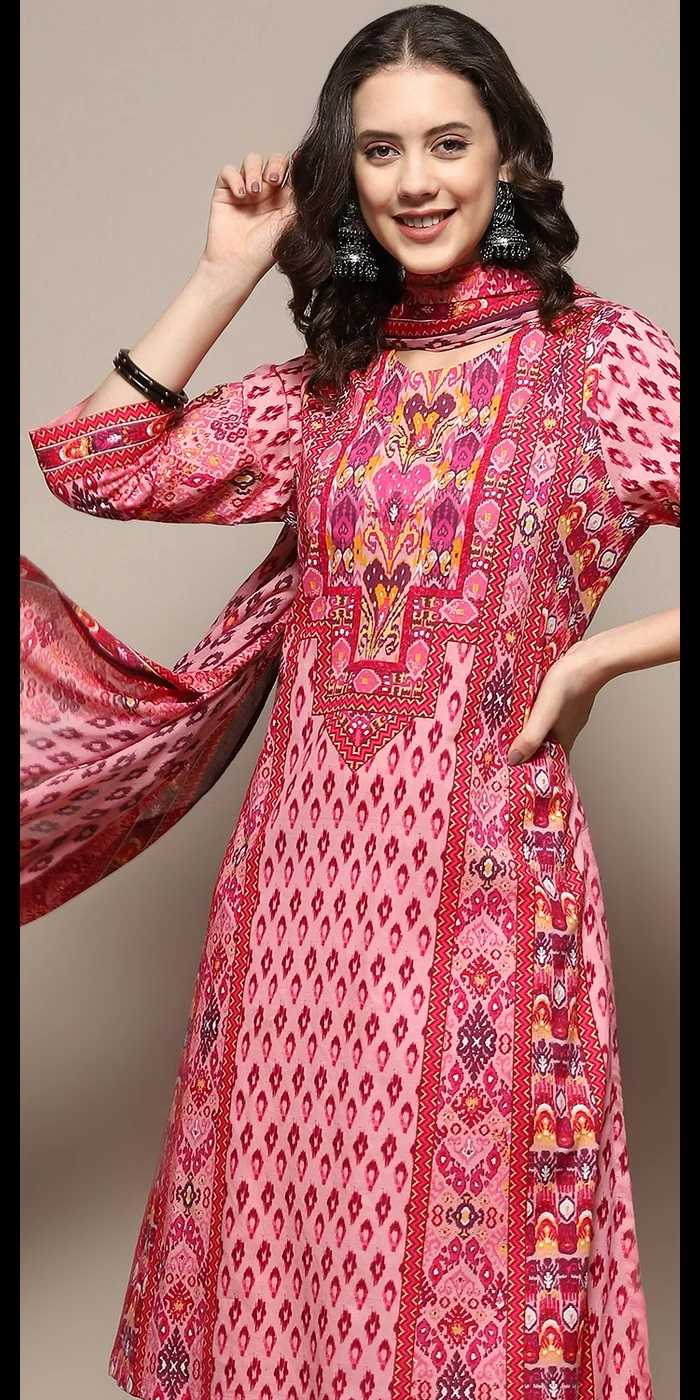 Biba Pink Cotton Printed Straight Suit Set