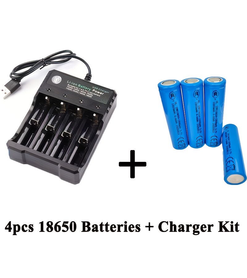 طقم 4 بطاريات + شاحن واحد: بطاريات 18650 3.7V 1800mAh قابلة لإعادة الشحن ذات قمة زرية مع شاحن ذكي عالمي لـ 18650 26650 14500 16340 18500 - Image 1