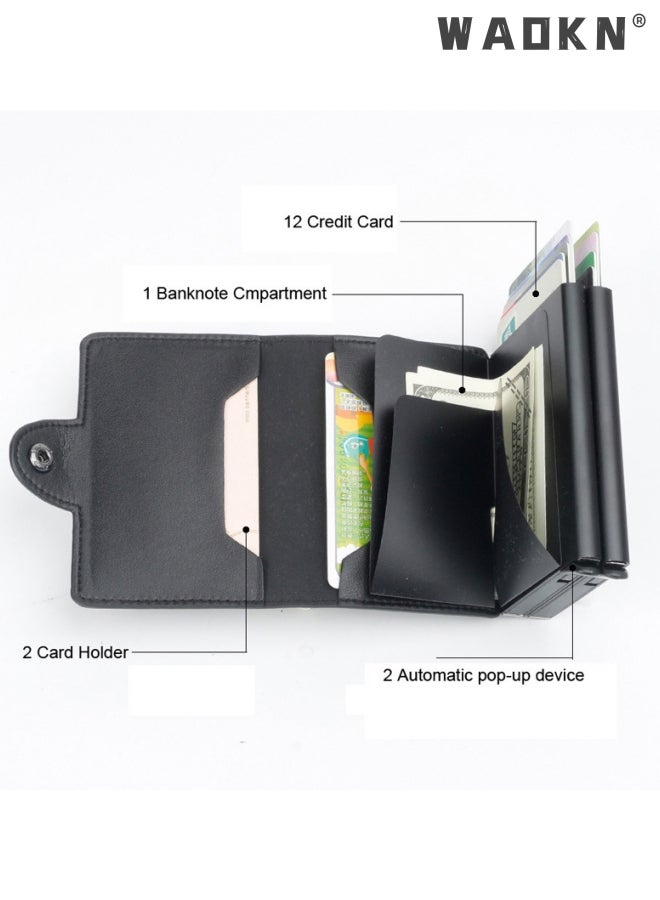 WAOKN Wallet for Men Credit Card Holder, Automatic Pop Up Wallet with RFID, Leather Slim Card Case Front Pocket Anti-theft Travel Thin Wallets, Metal Money Organizers for Women Up to Holds 14 cards+ Cash - Image 2