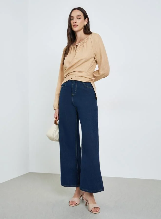 Take Two Beige Long Sleeve Wrap Blouse