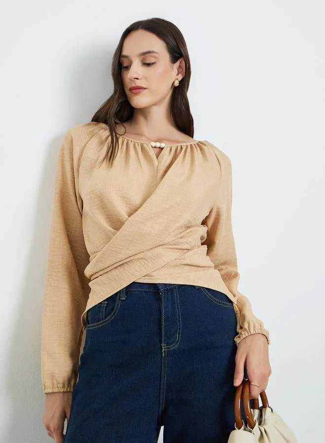 Take Two Beige Long Sleeve Wrap Blouse
