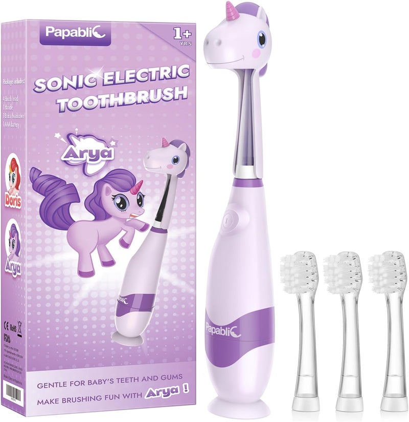 Papablic Toddler Sonic Electric Toothbrush Kids for Ages 1-3 Years, Baby Electric Toothbrush with Cute Unicorn Cover and Smart LED Timer, 4 Brush Heads (Arya) - Image 1