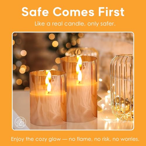 DECOVAA Set of 3 LED Pillar Candles with Acrylic Glass Holders, Realistic Flickering Flame, Battery Operated Decorative Candle for Home, Wedding, Diwali Décor (Acrylic Golden Glass Candle) - Image 4