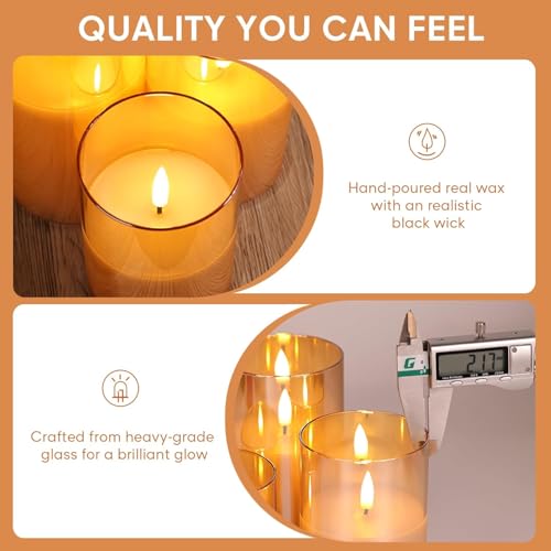 DECOVAA Set of 3 LED Pillar Candles with Acrylic Glass Holders, Realistic Flickering Flame, Battery Operated Decorative Candle for Home, Wedding, Diwali Décor (Acrylic Golden Glass Candle) - Image 3