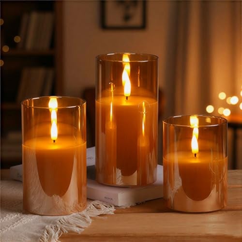 DECOVAA Set of 3 LED Pillar Candles with Acrylic Glass Holders, Realistic Flickering Flame, Battery Operated Decorative Candle for Home, Wedding, Diwali Décor (Acrylic Golden Glass Candle) - Image 1