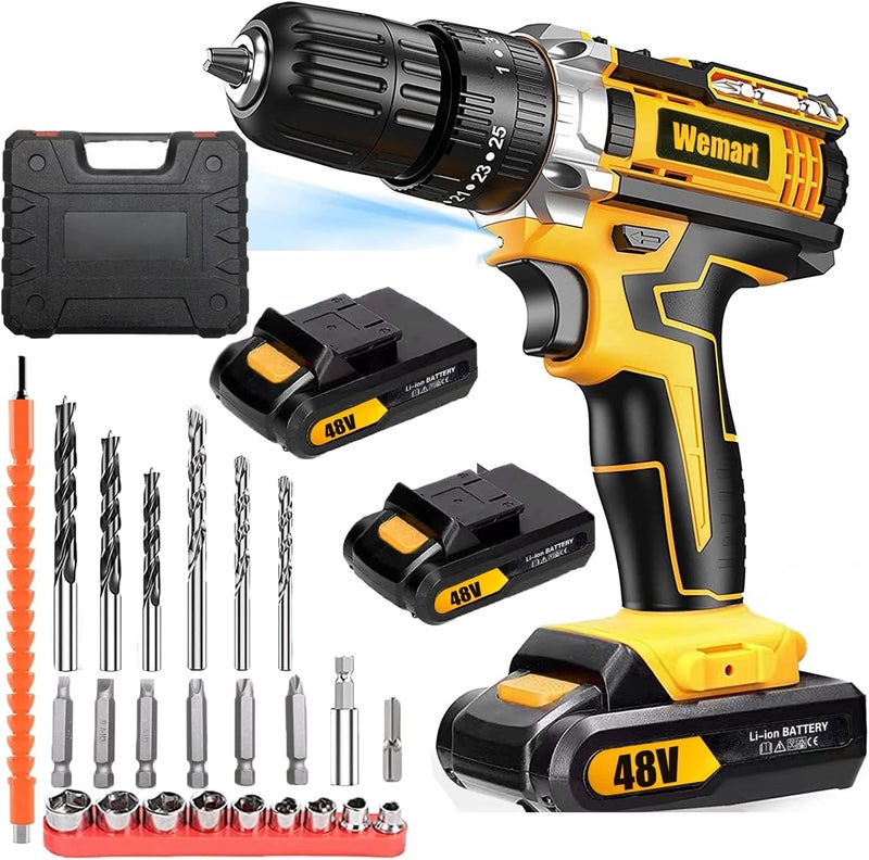 WEMART 48V Cordless Drill, 3/8 Inch Power Drill Set With Lithium Ion Battery And Charger, Electric Drill With Variable Speed, 19 Positions And 24-Pieces Drill/Driver Accessories Kit - Image 1