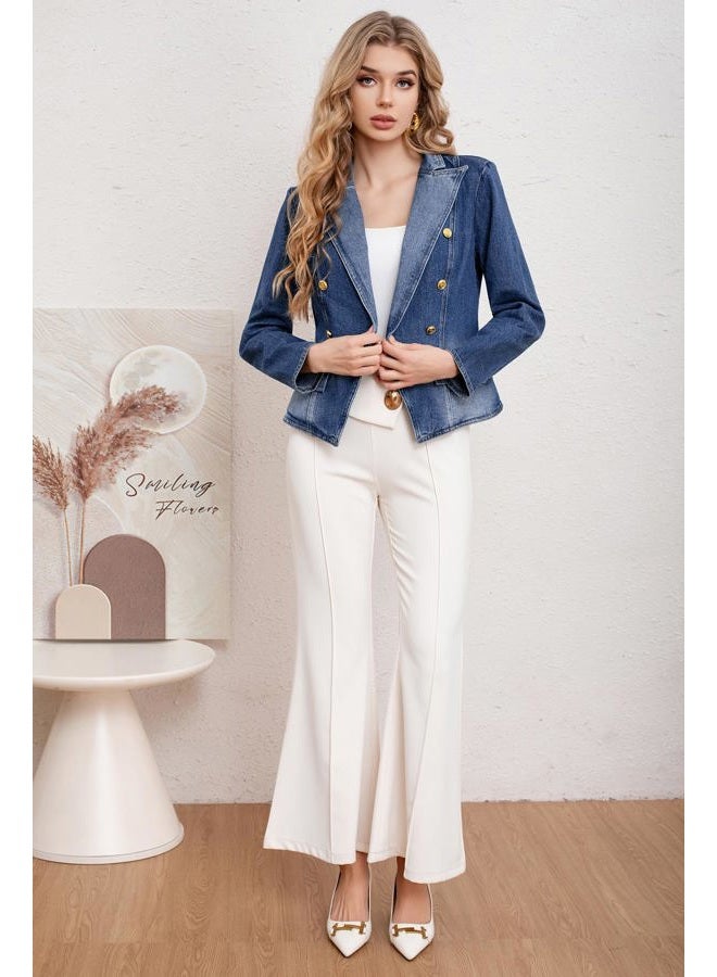 utcoco Women's Notched Lapel Double Breasted Denim Blazer Trendy Casual Slim Fit Long Sleeve Jean Jacket, Dark Blue, L - Image 4