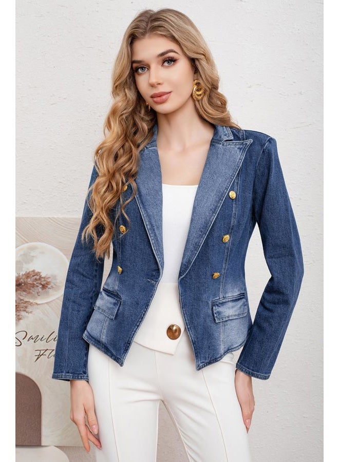 utcoco Women's Notched Lapel Double Breasted Denim Blazer Trendy Casual Slim Fit Long Sleeve Jean Jacket, Dark Blue, L - Image 5