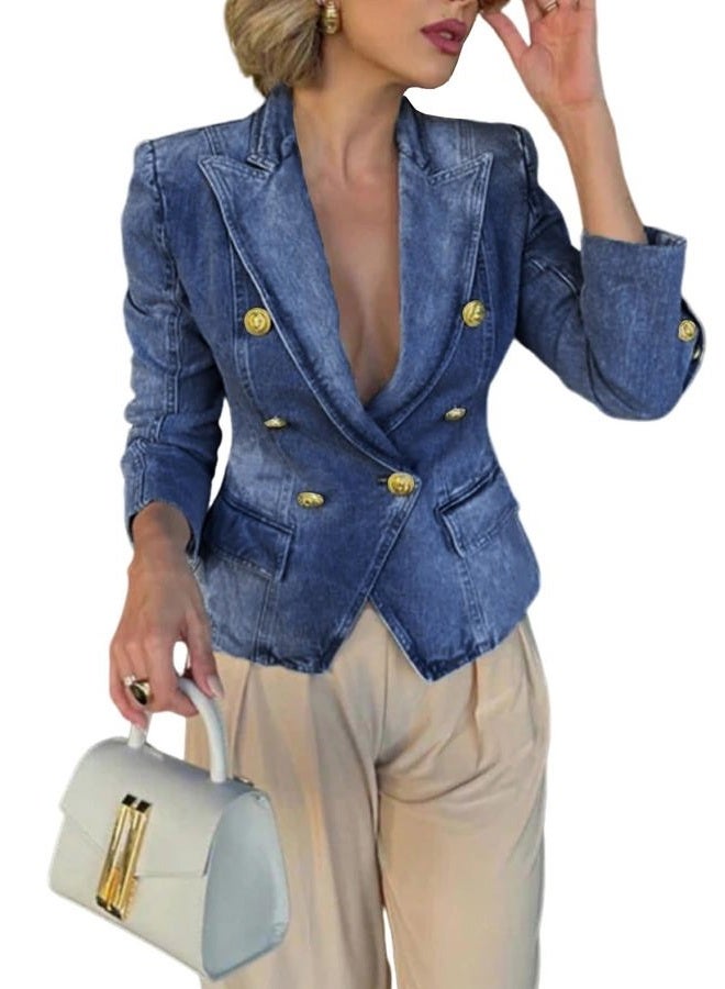 utcoco Women's Notched Lapel Double Breasted Denim Blazer Trendy Casual Slim Fit Long Sleeve Jean Jacket, Dark Blue, L - Image 1