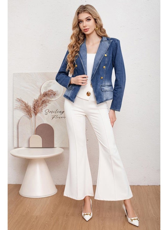 utcoco Women's Notched Lapel Double Breasted Denim Blazer Trendy Casual Slim Fit Long Sleeve Jean Jacket, Dark Blue, L - Image 3