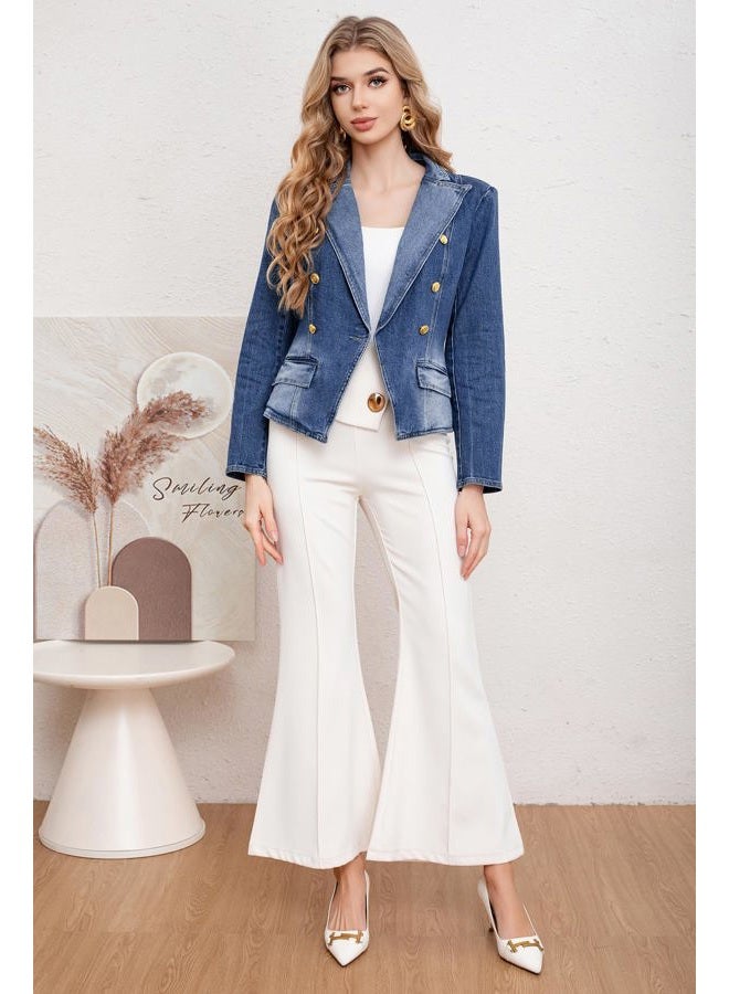 utcoco Women's Notched Lapel Double Breasted Denim Blazer Trendy Casual Slim Fit Long Sleeve Jean Jacket, Dark Blue, L - Image 2