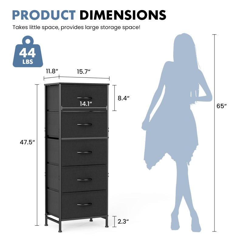 DUMOS Nightstand with 5 Drawers Bedside Table with Removable Fabric Bins Sturdy Steel Frame Wood Top Organizer Furniture for Bedroom Closet Living Room, Black - Image 3