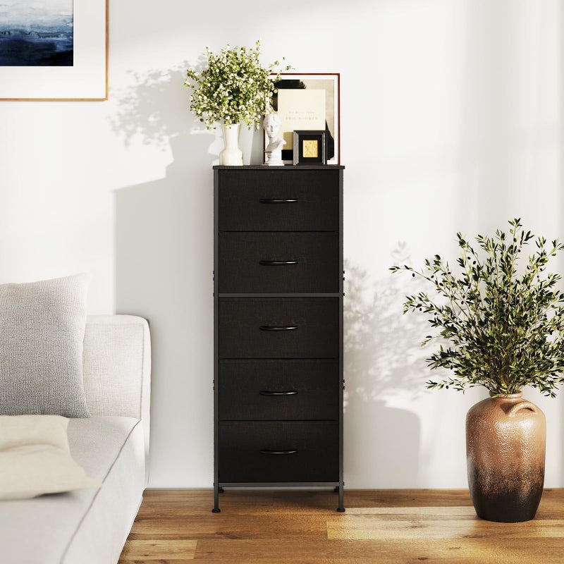 DUMOS Nightstand with 5 Drawers Bedside Table with Removable Fabric Bins Sturdy Steel Frame Wood Top Organizer Furniture for Bedroom Closet Living Room, Black - Image 4