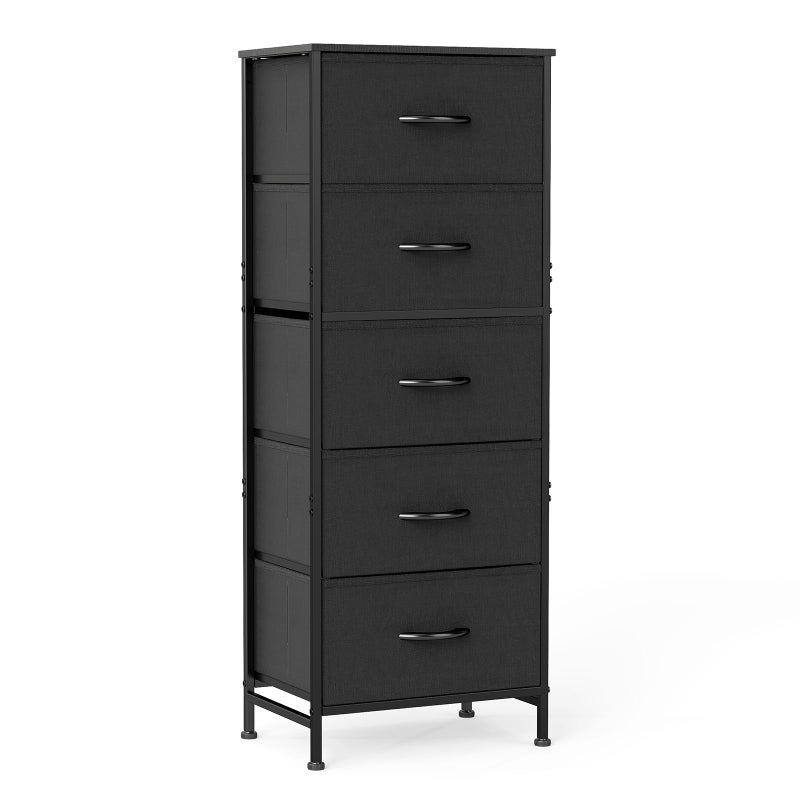 DUMOS Nightstand with 5 Drawers Bedside Table with Removable Fabric Bins Sturdy Steel Frame Wood Top Organizer Furniture for Bedroom Closet Living Room, Black - Image 1