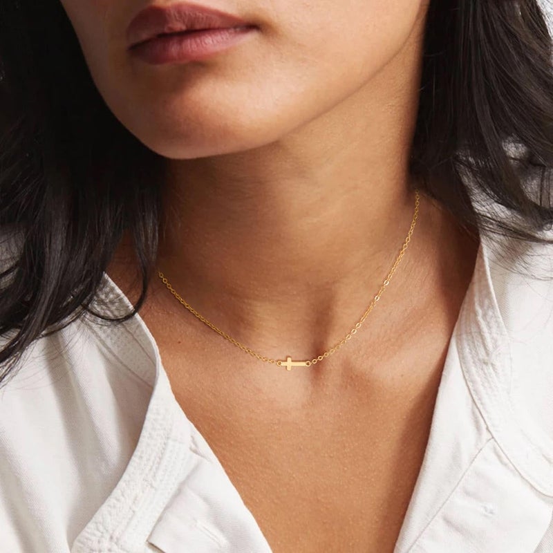 Tewiky Dainty Cross Necklace for Women, 14K Gold Plated Simple Cross Choker Necklaces Small Cross Pendant Tiny Cute Necklaces Handmade Aesthetic Gold Jewelry for Women - Image 4
