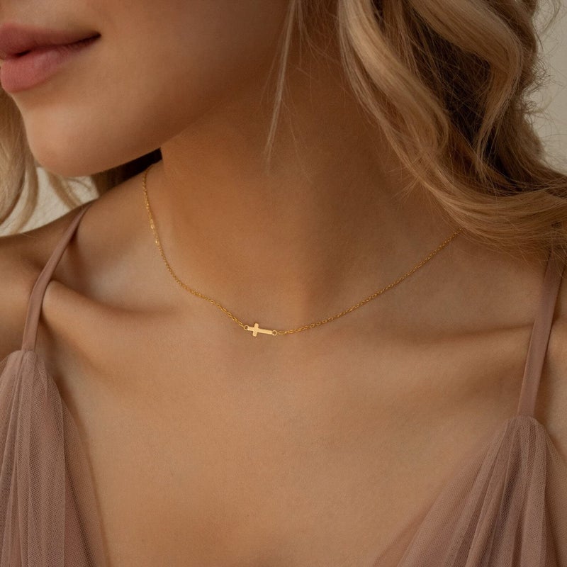 Tewiky Dainty Cross Necklace for Women, 14K Gold Plated Simple Cross Choker Necklaces Small Cross Pendant Tiny Cute Necklaces Handmade Aesthetic Gold Jewelry for Women - Image 3