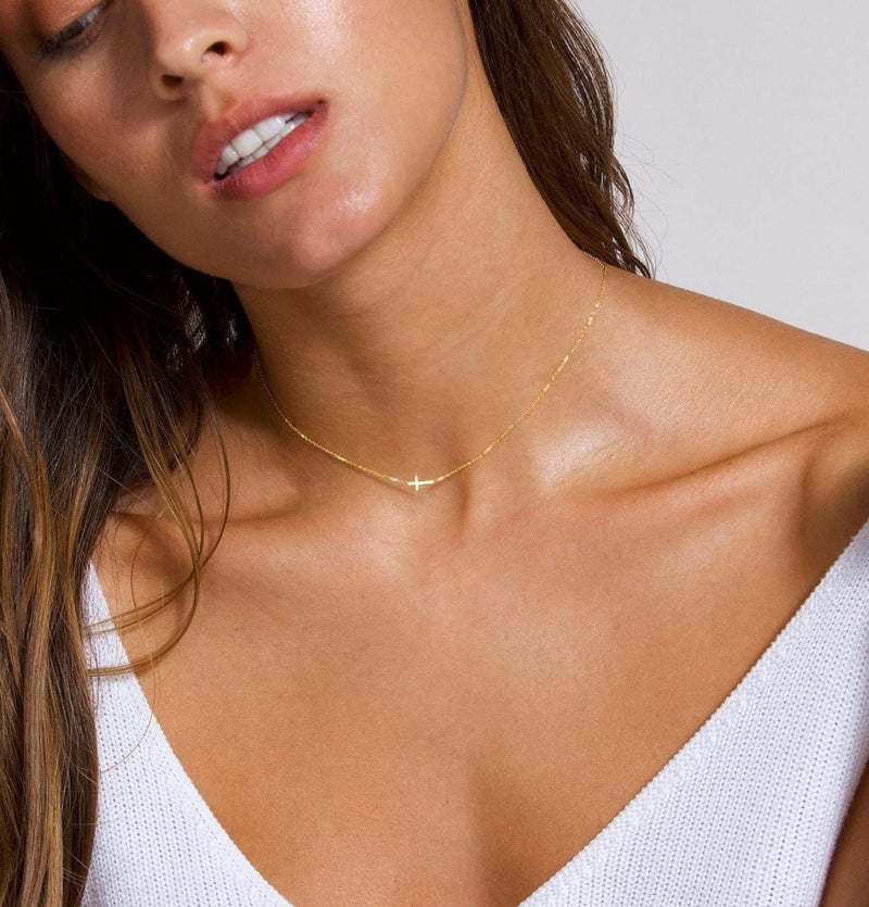 Tewiky Dainty Cross Necklace for Women, 14K Gold Plated Simple Cross Choker Necklaces Small Cross Pendant Tiny Cute Necklaces Handmade Aesthetic Gold Jewelry for Women - Image 2