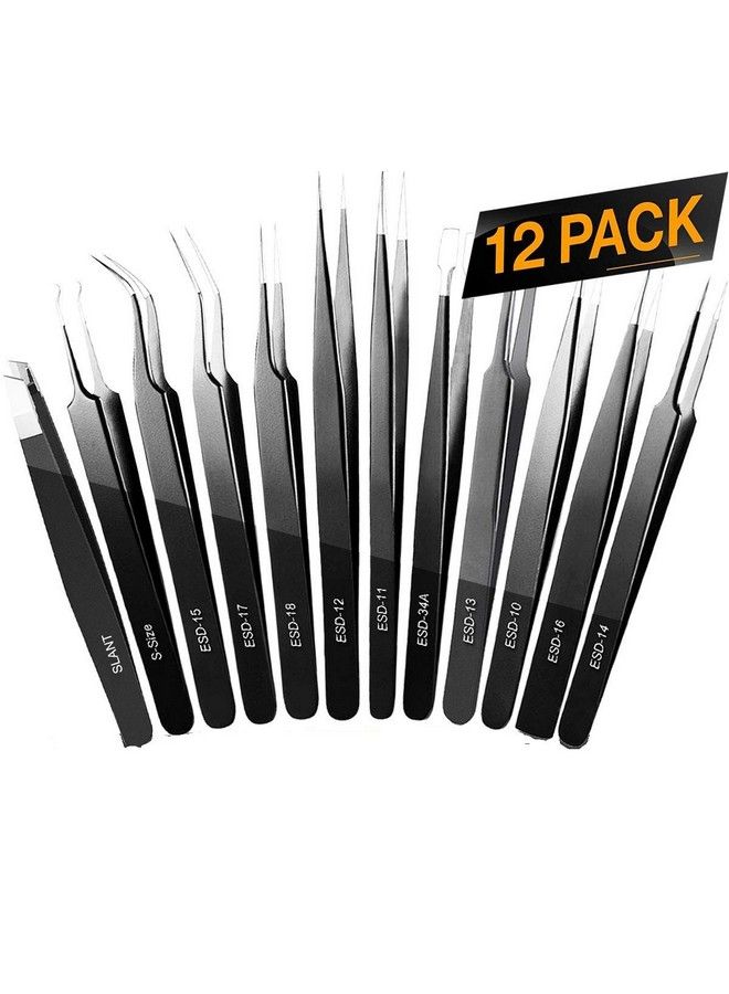 AI Tweezers Precision Tweezer Set Craft Tweezers Soldering Tweezers Jewelry Tweezers Ingrown Tweezers Eyelash Extension Tweezers Eyebrow Tweezers 12 Pack Super Valued Set With Handy Case - Image 1