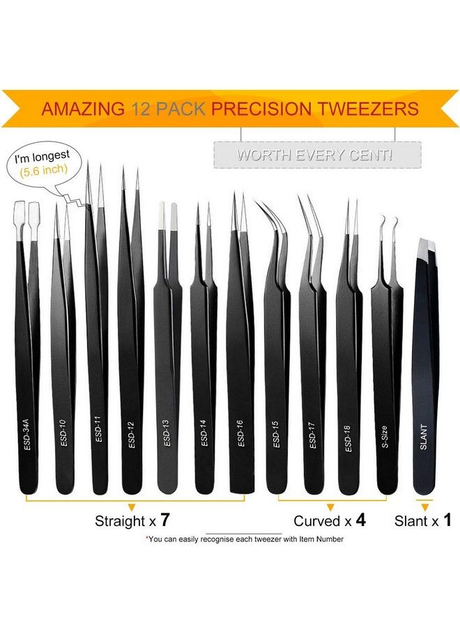 AI Tweezers Precision Tweezer Set Craft Tweezers Soldering Tweezers Jewelry Tweezers Ingrown Tweezers Eyelash Extension Tweezers Eyebrow Tweezers 12 Pack Super Valued Set With Handy Case - Image 3