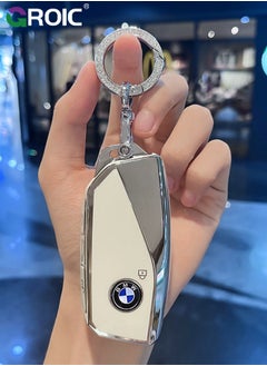 GROIC For BMW Key Fob Cover with Keychain, Chrome Silver Trim Soft TPU Car Key Shell Case for 2023 2024 BMW 7 Series 740 760i I5 I7 IX X1 X5 X6 X7 XM, BMW Accessories Key Protector（White）  - Image 4