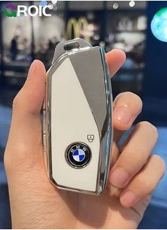 GROIC For BMW Key Fob Cover with Keychain, Chrome Silver Trim Soft TPU Car Key Shell Case for 2023 2024 BMW 7 Series 740 760i I5 I7 IX X1 X5 X6 X7 XM, BMW Accessories Key Protector（White）  - Image 3