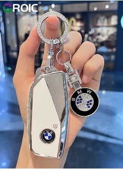 GROIC For BMW Key Fob Cover with Keychain, Chrome Silver Trim Soft TPU Car Key Shell Case for 2023 2024 BMW 7 Series 740 760i I5 I7 IX X1 X5 X6 X7 XM, BMW Accessories Key Protector（White）  - Image 5